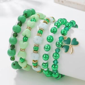 Green Clover Pendant Beaded 5Pcs Bracelet Set