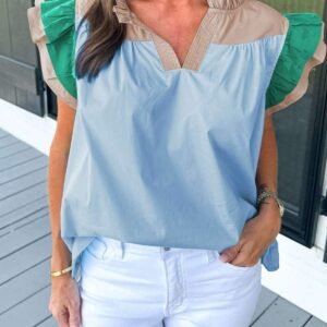 Mist Blue Colorblock Ruffled Sleeve Frill V Neck Blouse