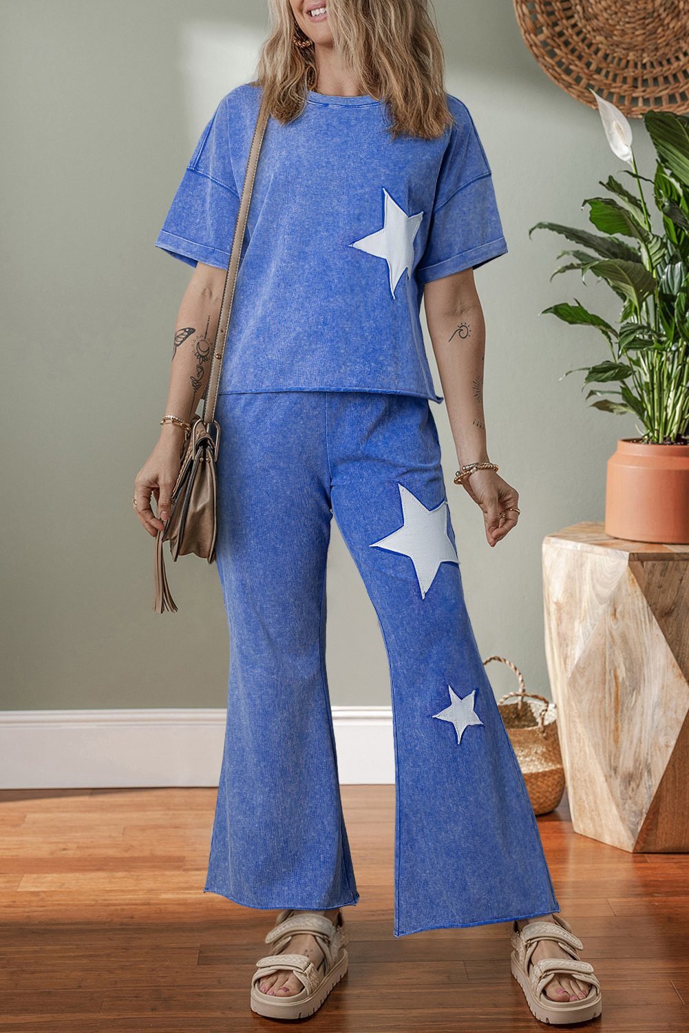 Ashleigh Blue Acid Wash Star Patched Rolled Trim Pants Set