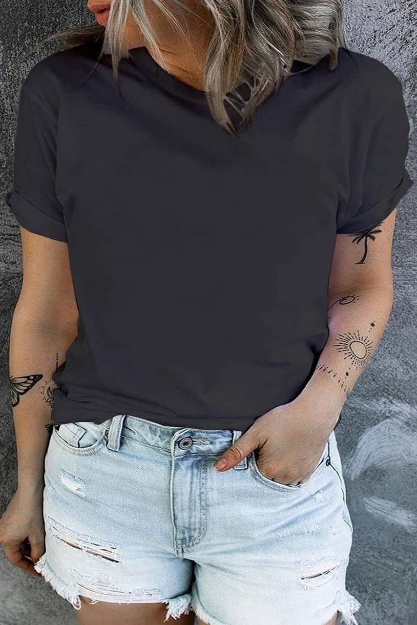 Black Round Neck Rolled Sleeve Plus Size T-Shirt