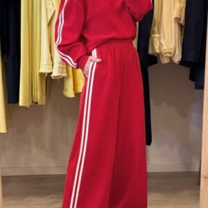 Fiery Red Varsity Striped Detail Crewneck Pullover Elastic Sweatpants 2Pcs Outfit