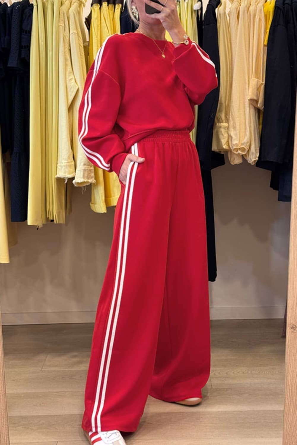 Fiery Red Varsity Striped Detail Crewneck Pullover Elastic Sweatpants 2Pcs Outfit