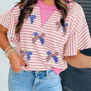 Sachet Pink Sequined American Flag Bow Patched Striped Ruffled Sleeve Blouse