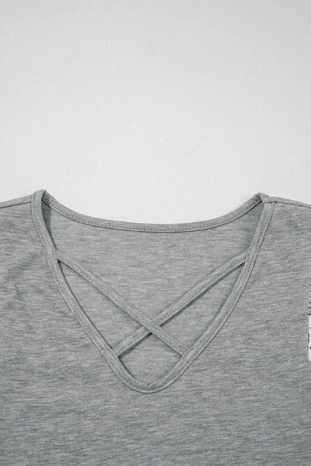 Gray Lace Patchwork Criss Cross V Neck Tank Top