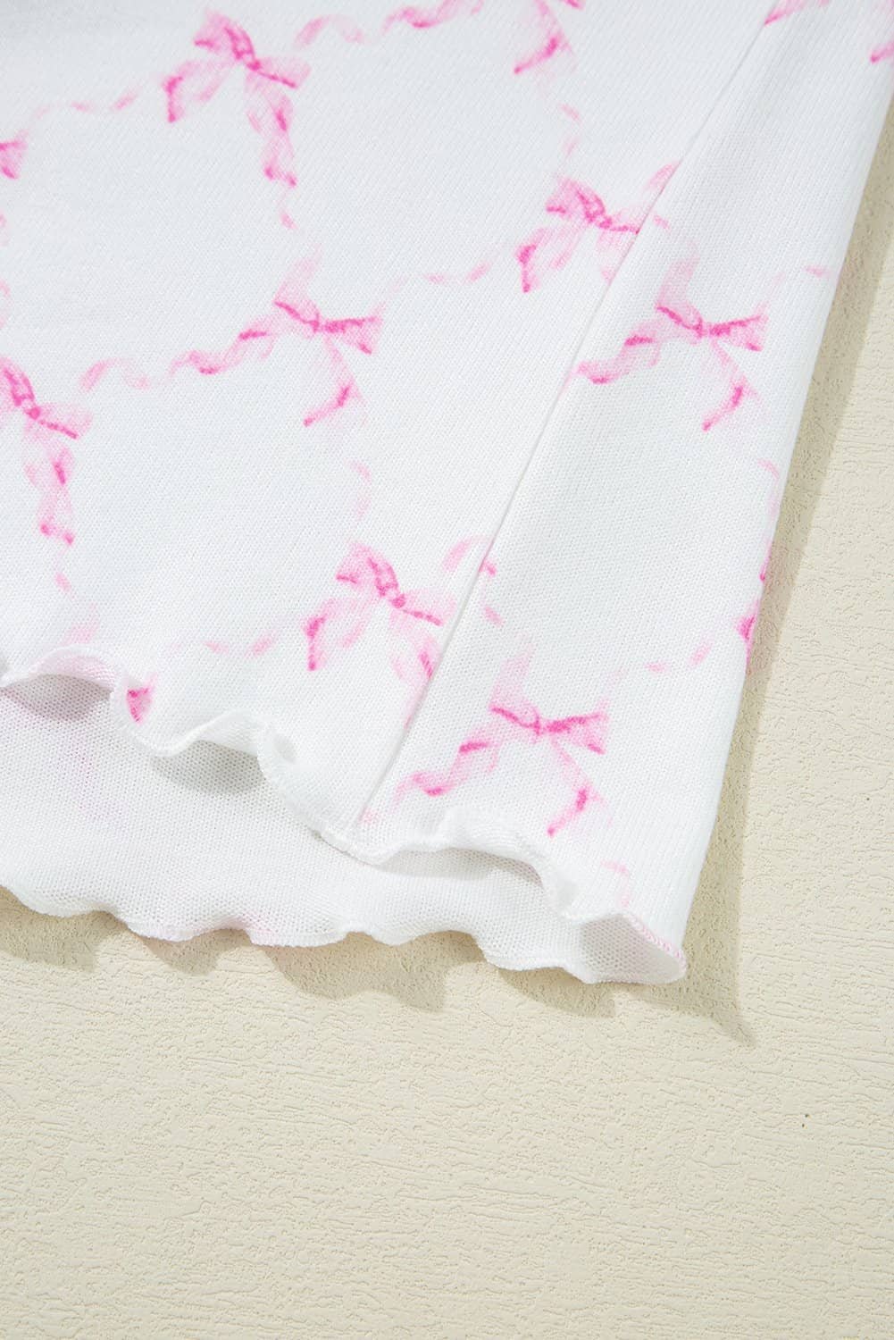 Pink Bow Knot Geometric Print Lettuce Trim Two Piece Lounge Set