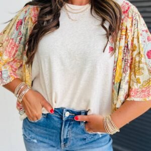 Beige Floral Patchwork Half Batwing Sleeve Blouse