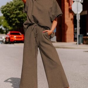 Brown Textured Loose Fit T Shirt And Drawstring Pants Set