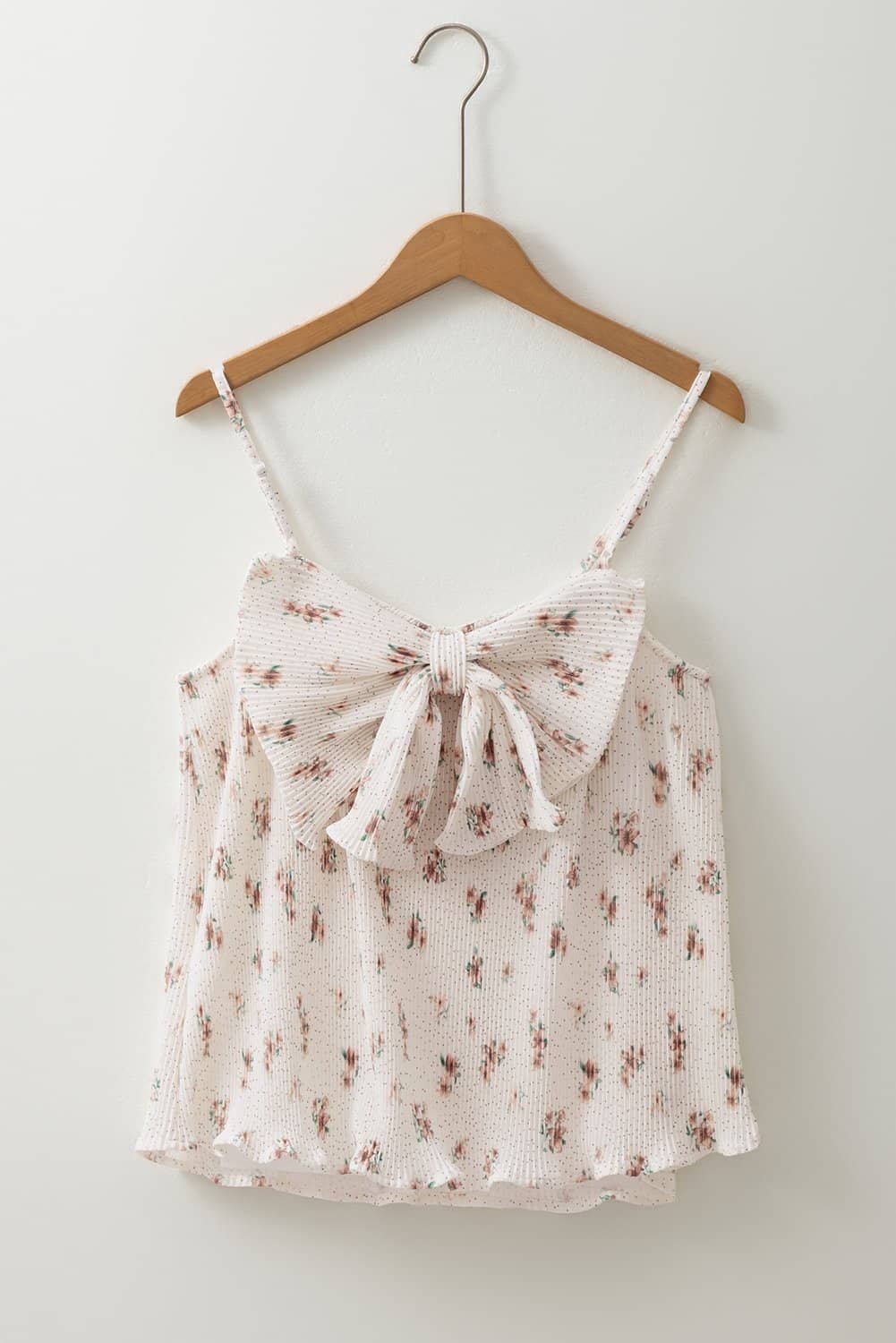 White Floral Pleated Big Bow Back Spaghetti Straps Tank Top