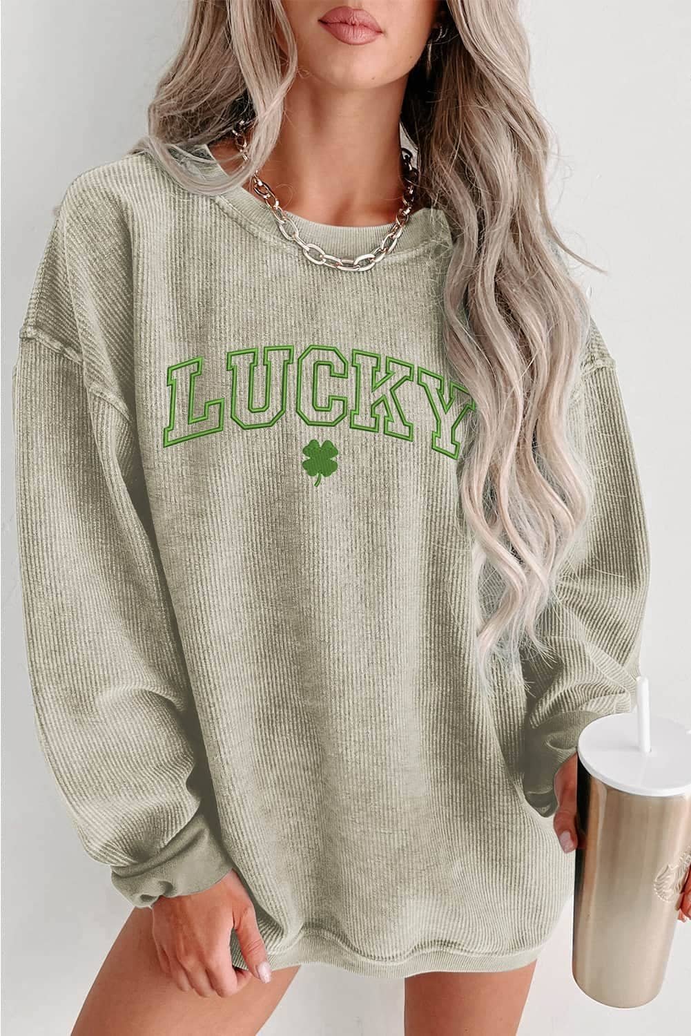 Green Lucky Clover Embroidered Corded Crewneck Sweatshirt