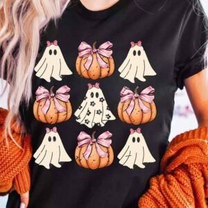 Black Bowknot Ghost Pumpkin Graphic Halloween T Shirt