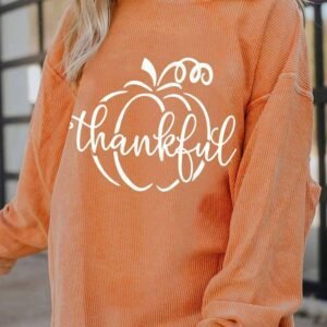 Orange Pumpkin Thankful Graphic Corded Thanksgiving Sweatshirt