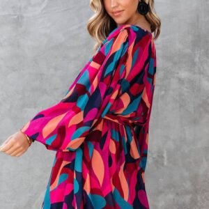 Red Abstract Printed Belted Puff Sleeve Mini Dress