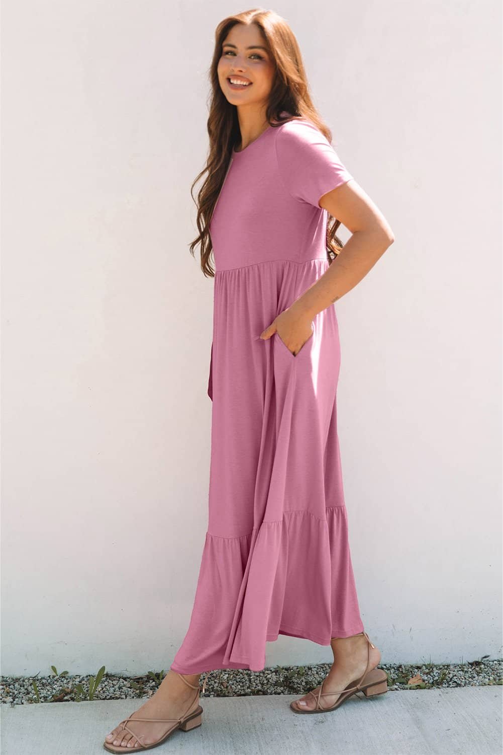 Pink Solid Color T-Shirt High Waist Pocketed Long Dress