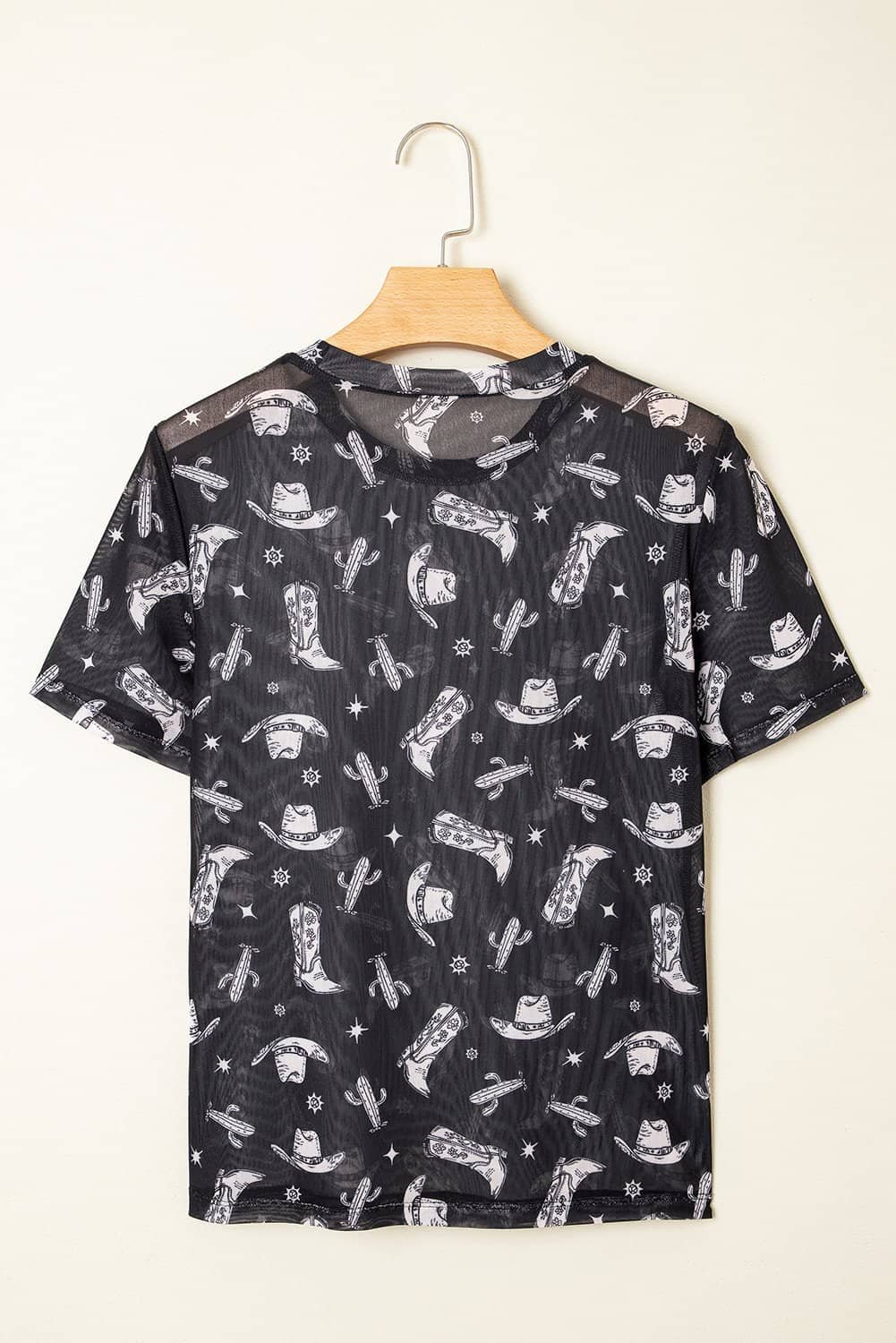 Black Western Pattern Mesh Sheer Crew Neck T Shirt