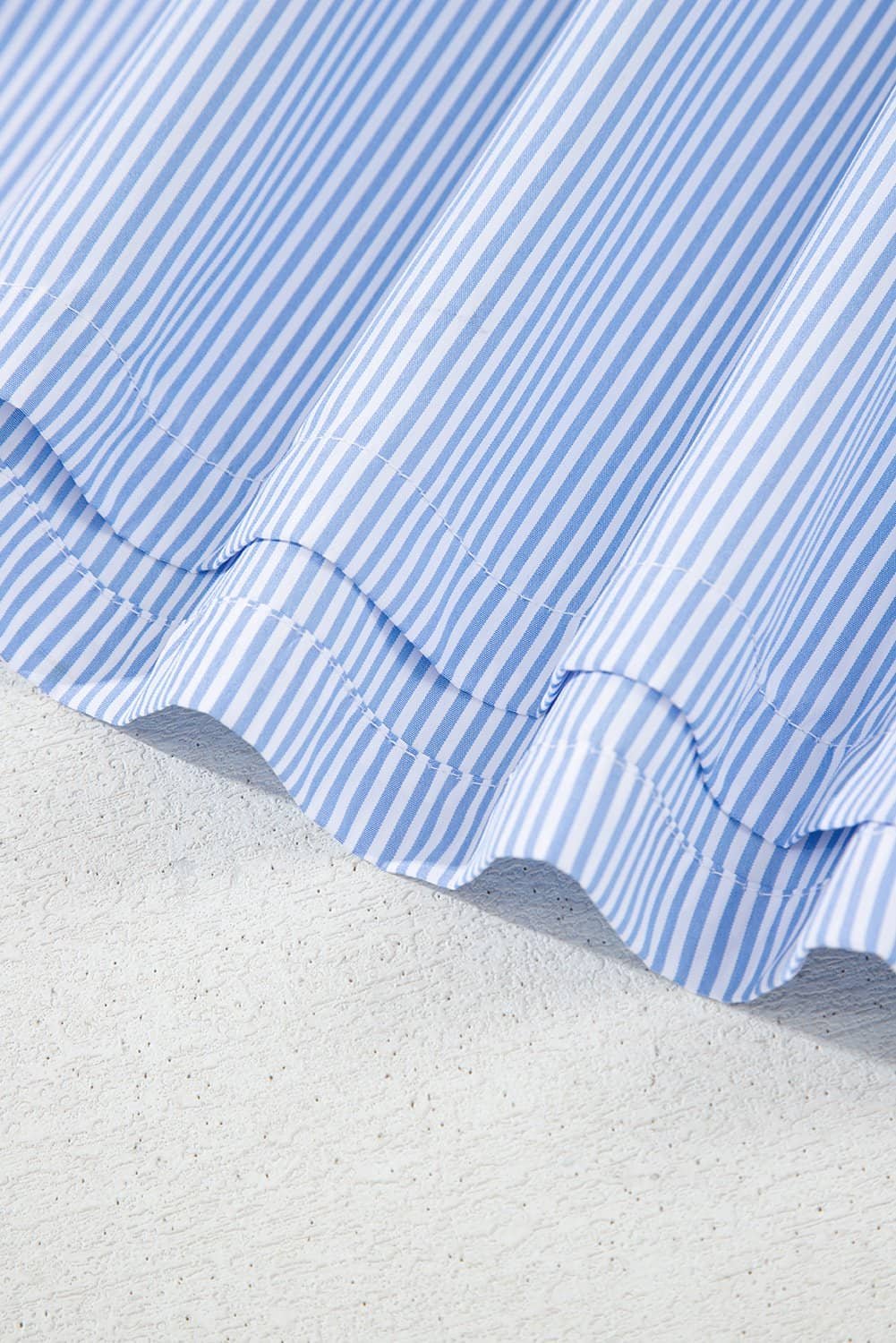 Sky Blue Stripe Ruffled Collar Puff Sleeve Half Buttons Blouse