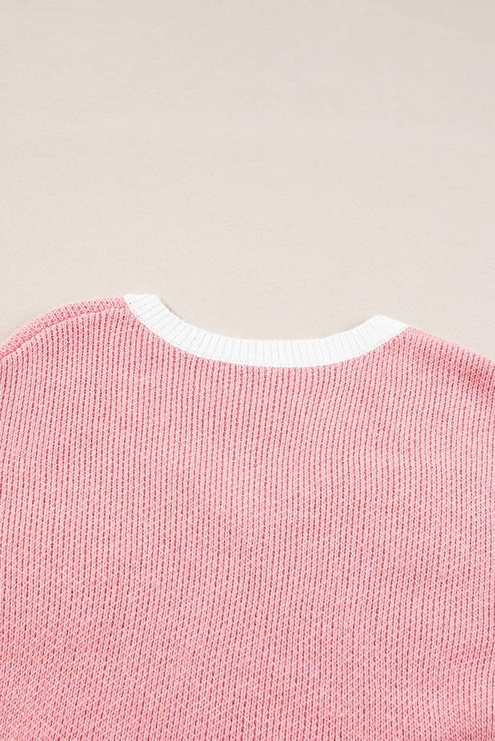 Pink Flower V Neck Dropped Shoulder Sweater