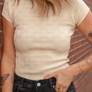 Beige Textured Crew Neck Cap Sleeve Slim Stretchy T Shirt