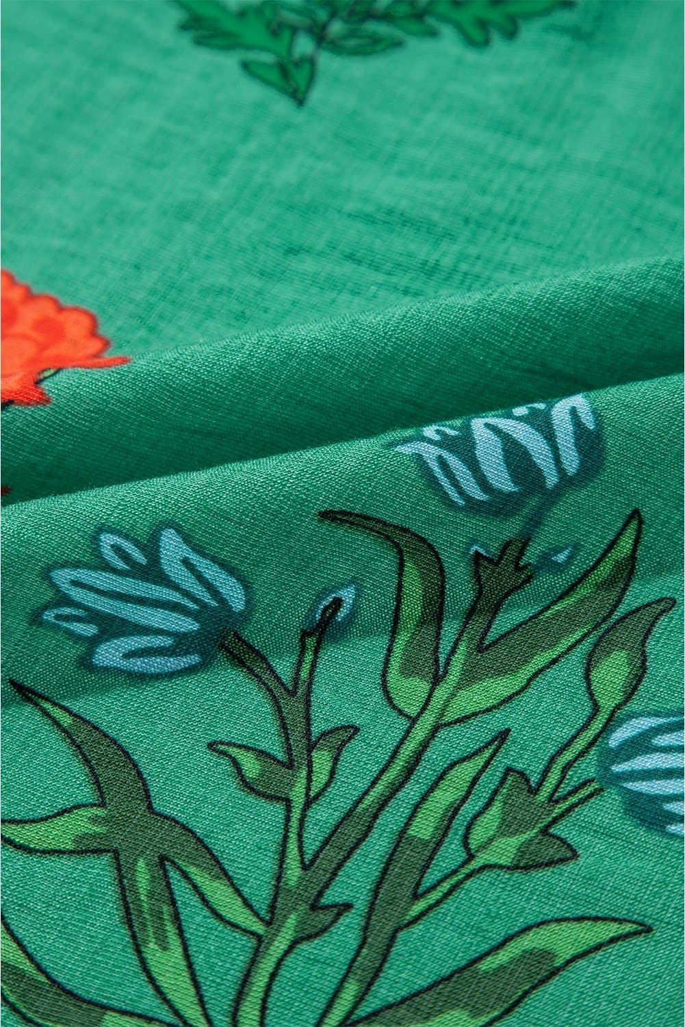 Bright Green Floral Print Buttoned V Neck Short Sleeve Blouse