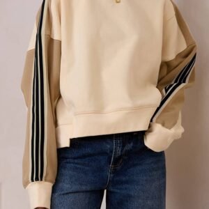 Beige Contrast Striped Patchwork Drop Shoulder Loose Sweatshirt