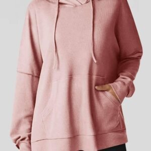 Light Pink Waffle Knit Fleece Lined High Low Oversized Hoodie