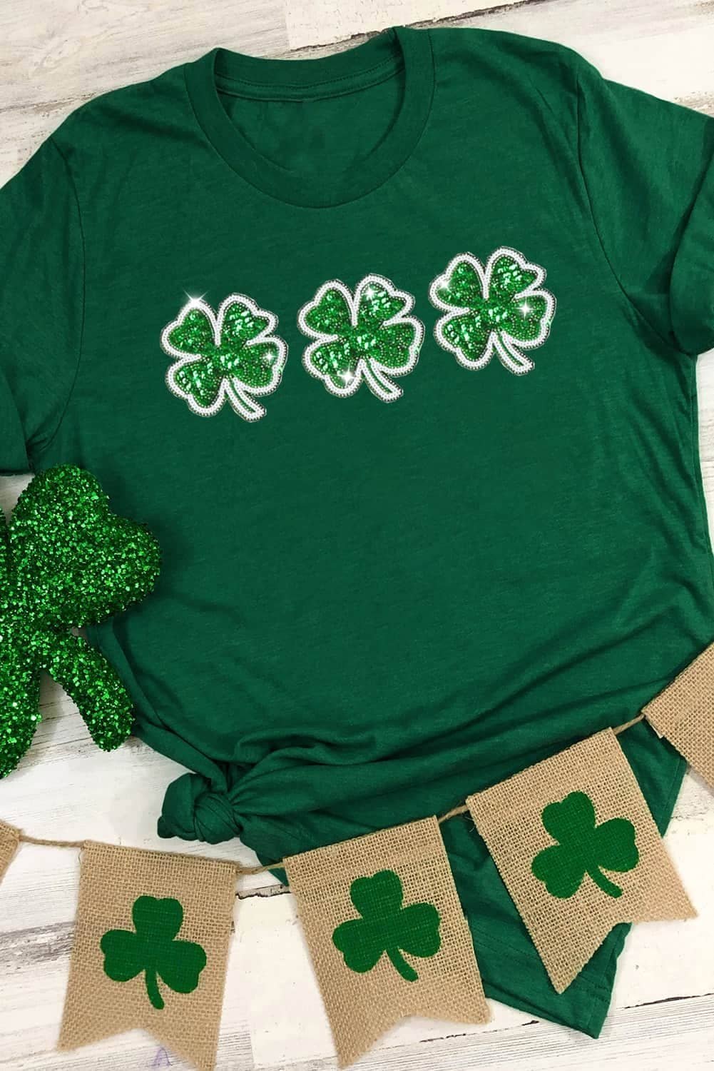 Green St Patrick Clover Patch Sequin Graphic T-Shirt