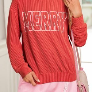 Fiery Red Twisted Rib Outlined Merry Letter Graphic Loose Long Sleeve Top