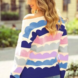 Dark Blue Wave Striped Balloon Sleeve Drop Shoulder Sweater