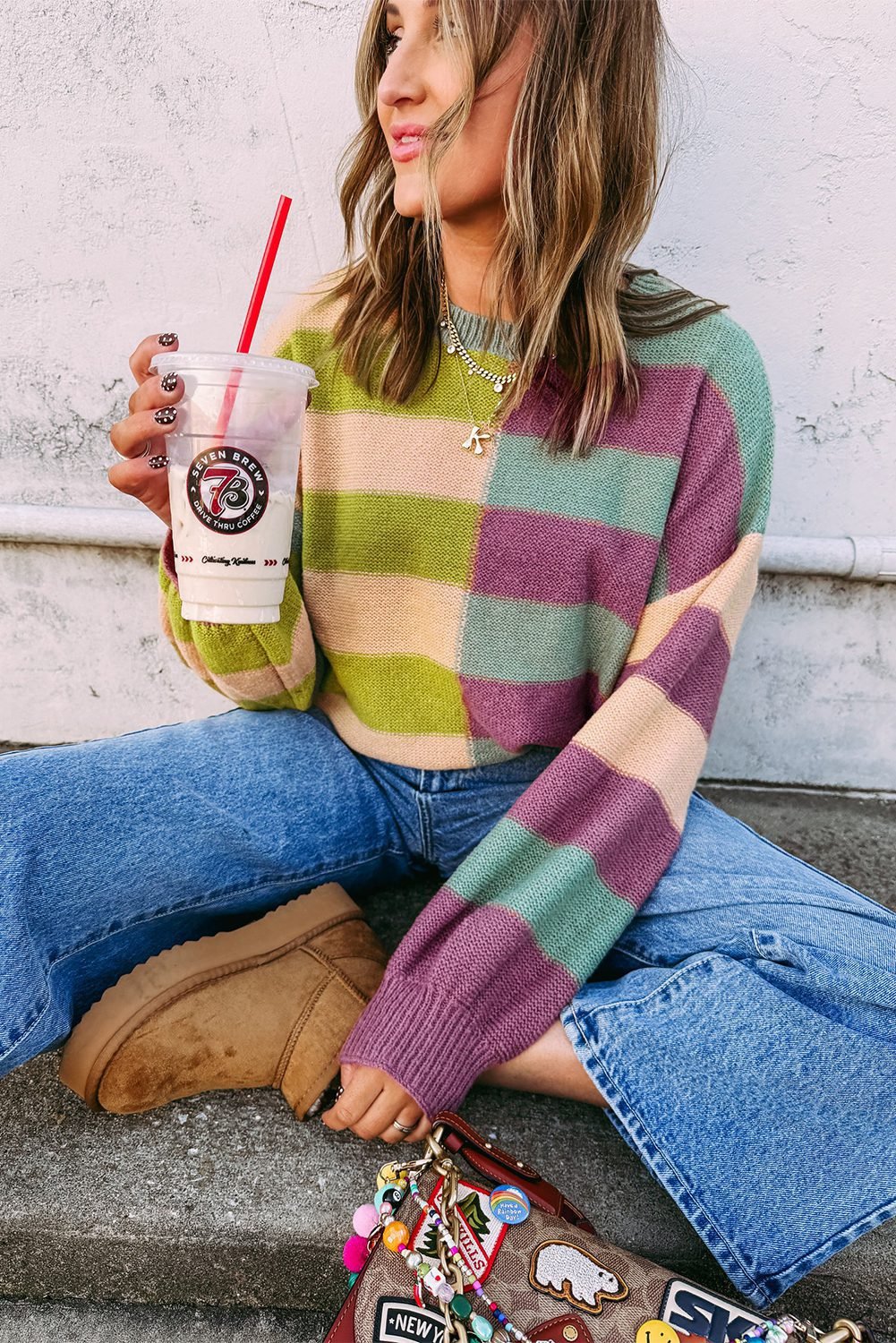 Green Stripe Drop Shoulder Ribbed Edge Casual Sweater