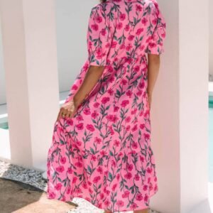 Pink Floral Contrast Neckline A-Line Puff Sleeve Long Dress