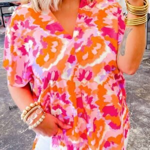 Rose Red Abstract Print V Neck Summer Blouse