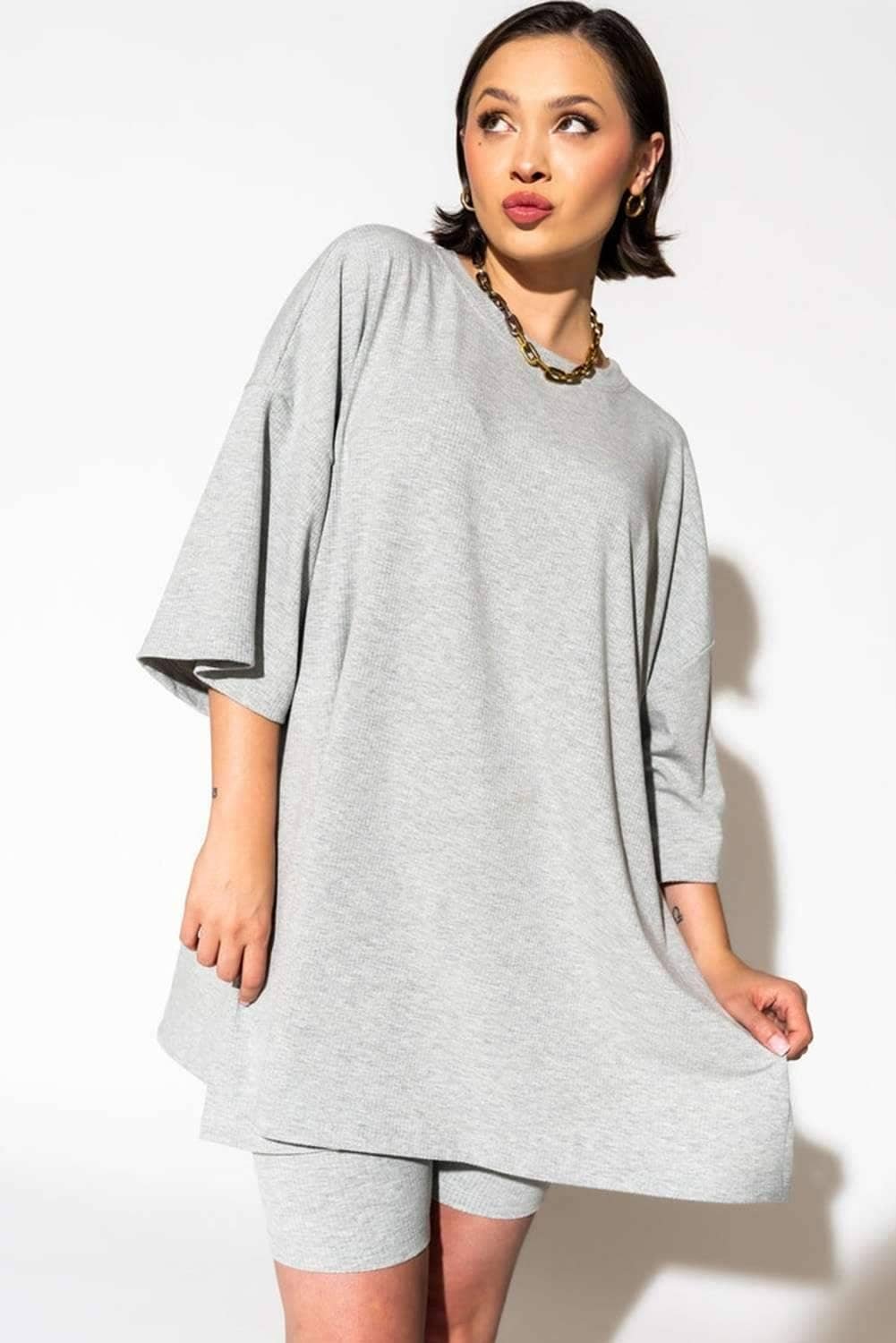 Light Grey Solid Color Loose Tunic Top And Slim Shorts Set