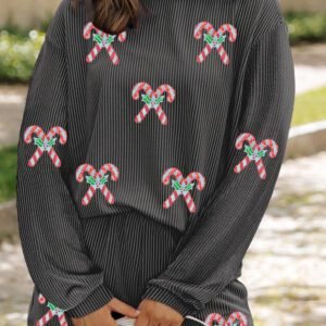 Carbon Grey Twisted Ribbed Sequin Holly Candy Cane Long Sleeve Top And Shorts 2Pcs Outfit