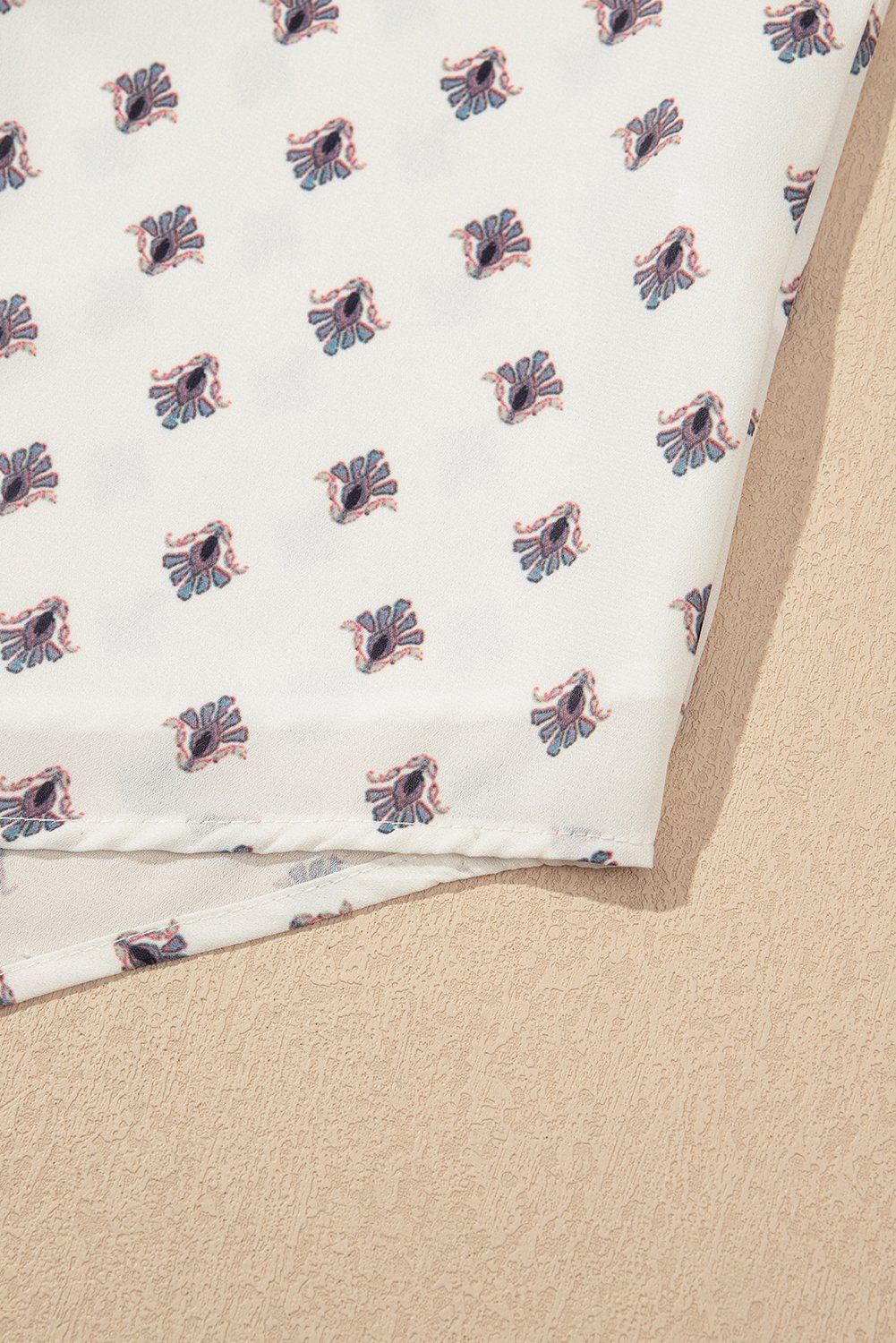 White Boho Pattern Tiered Ruffled Sleeve V Neck Buttoned Blouse