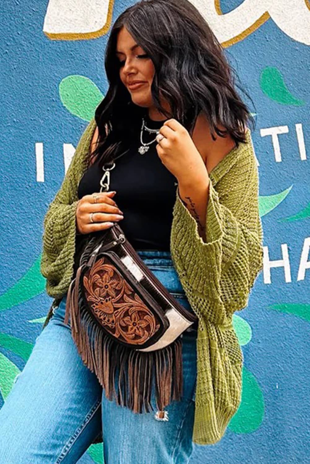 Spinach Green Oversize Crochet Knit Open Cardigan