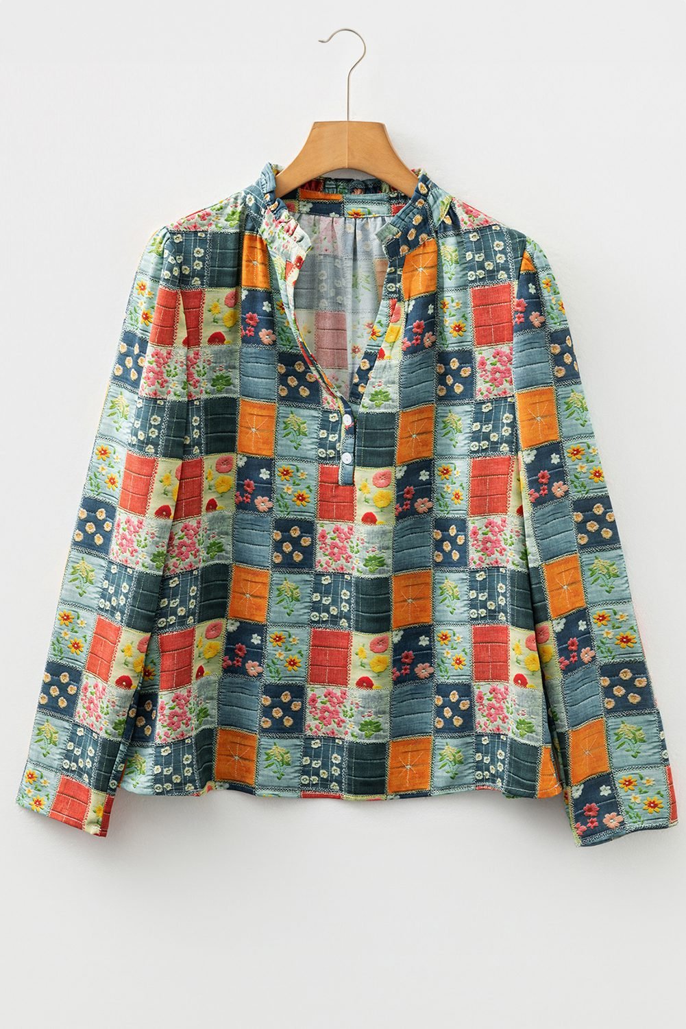 Sky Blue Fall Floral Half Placket Collared V Neck Blouse