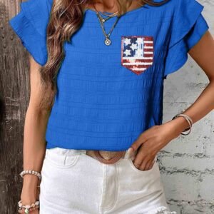 Dark Blue Textured Sequin Stars And Stripes Patched Ruffled Short Sleeve Blouse