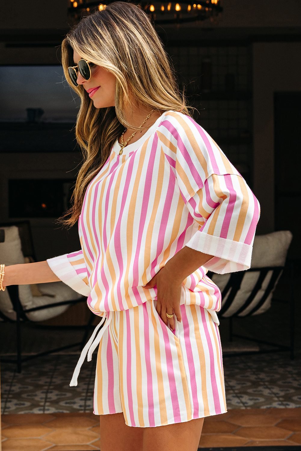 Pink Stripe Drop Shoulder Half Sleeve Loose Tee And Shorts Casual Set