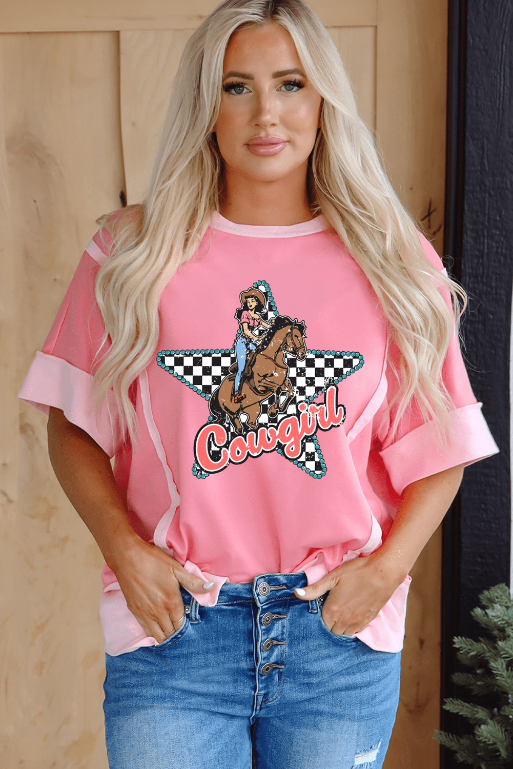 Peach Blossom Cowgirl Checkered Star Shape Print Exposed Seam T Shirt