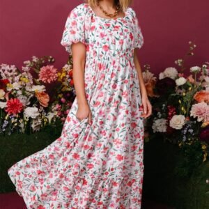 Pink Floral Puff Sleeve Square Neck Empire Waist Tiered Maxi Dress