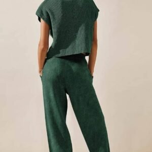 Green Knitted V Neck Sweater And Casual Pants Set