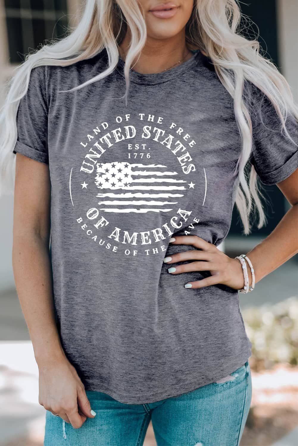 Gray United States Of America Flag Graphic Print T Shirt