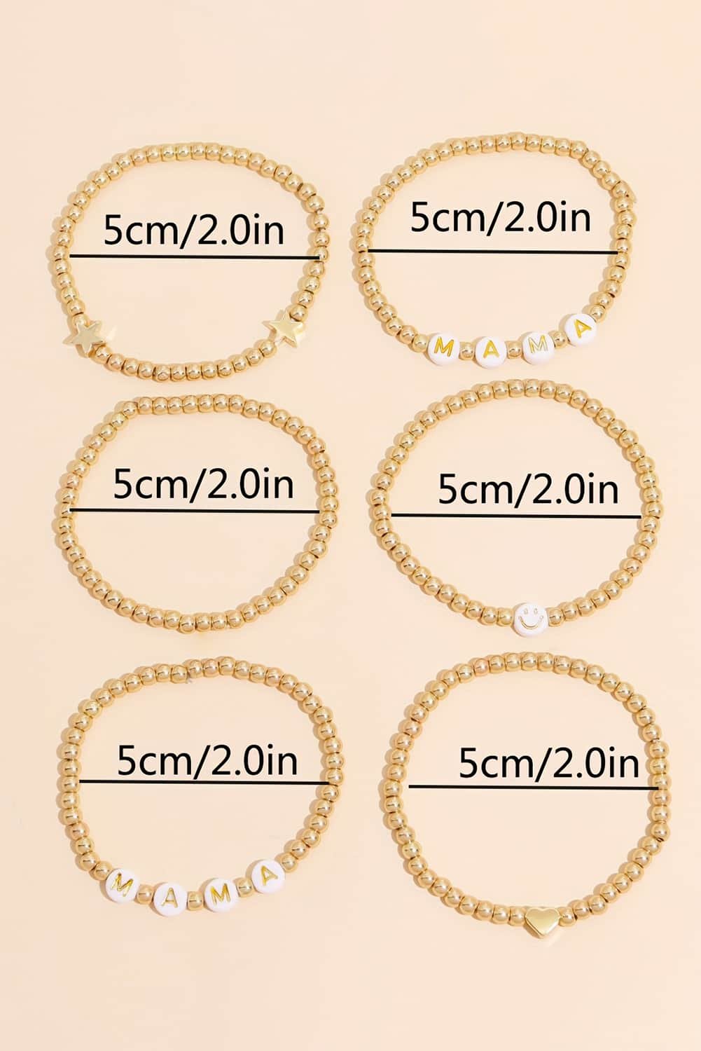 Gold 6Pcs Mama Heart Star Shape Beaded Bracelet Set