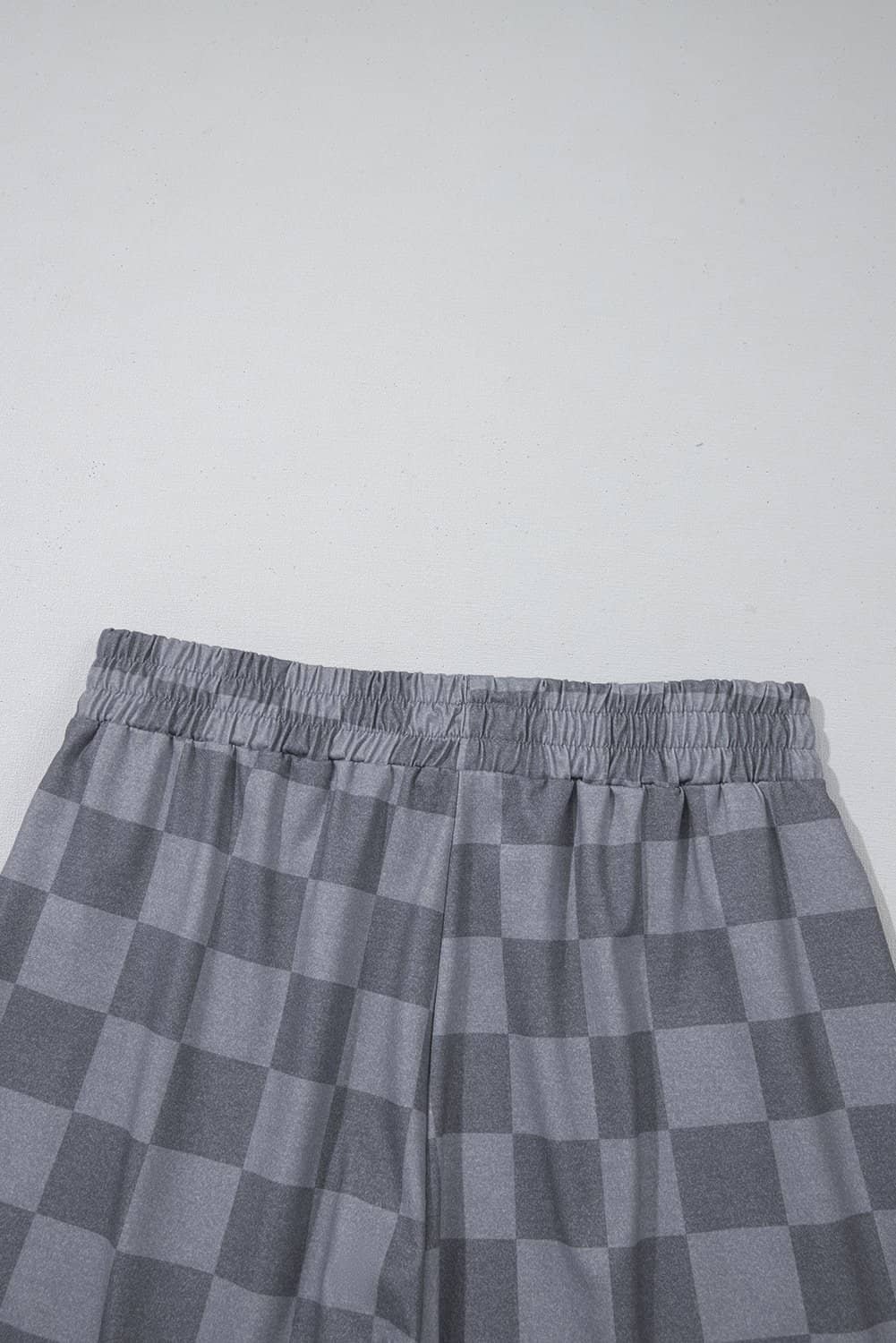 Gray Checkered V Neck Tee Drawstring Shorts Lounge Set