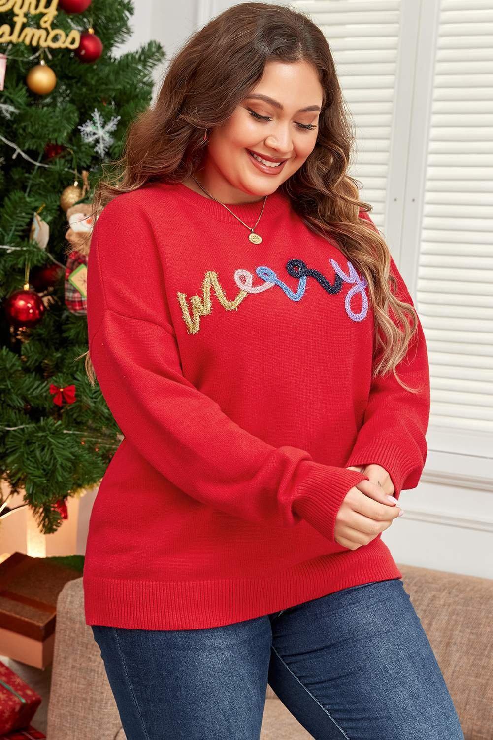 Fiery Red Tinsel Merry Pattern Drop Shoulder Plus Size Sweater