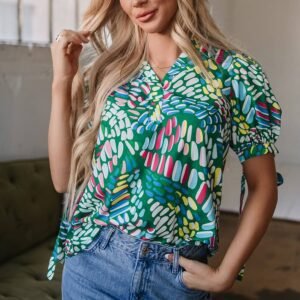 Green Brushwork Geometric Print Puff Sleeve Notched Neck Blouse