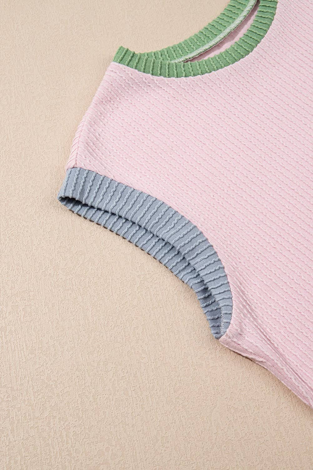 Pink Color Block Corded Knit Crew Neck Tee