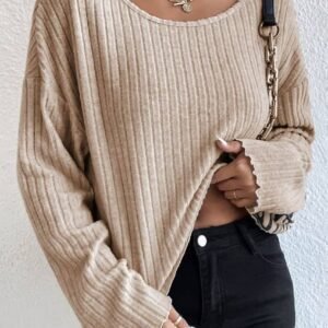 Beige Lettuce Cuffs Drop Shoulder Loose Ribbed Knit Top
