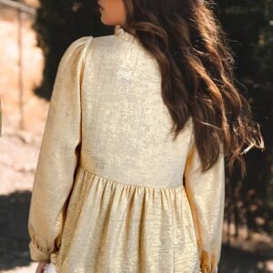 Gold Metallic Frilled V Neck Puff Sleeve Babydoll Blouse