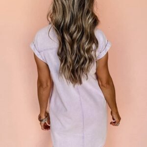 Orchid Petal Short Sleeve Double Chest Pocket Denim Shirt Dress