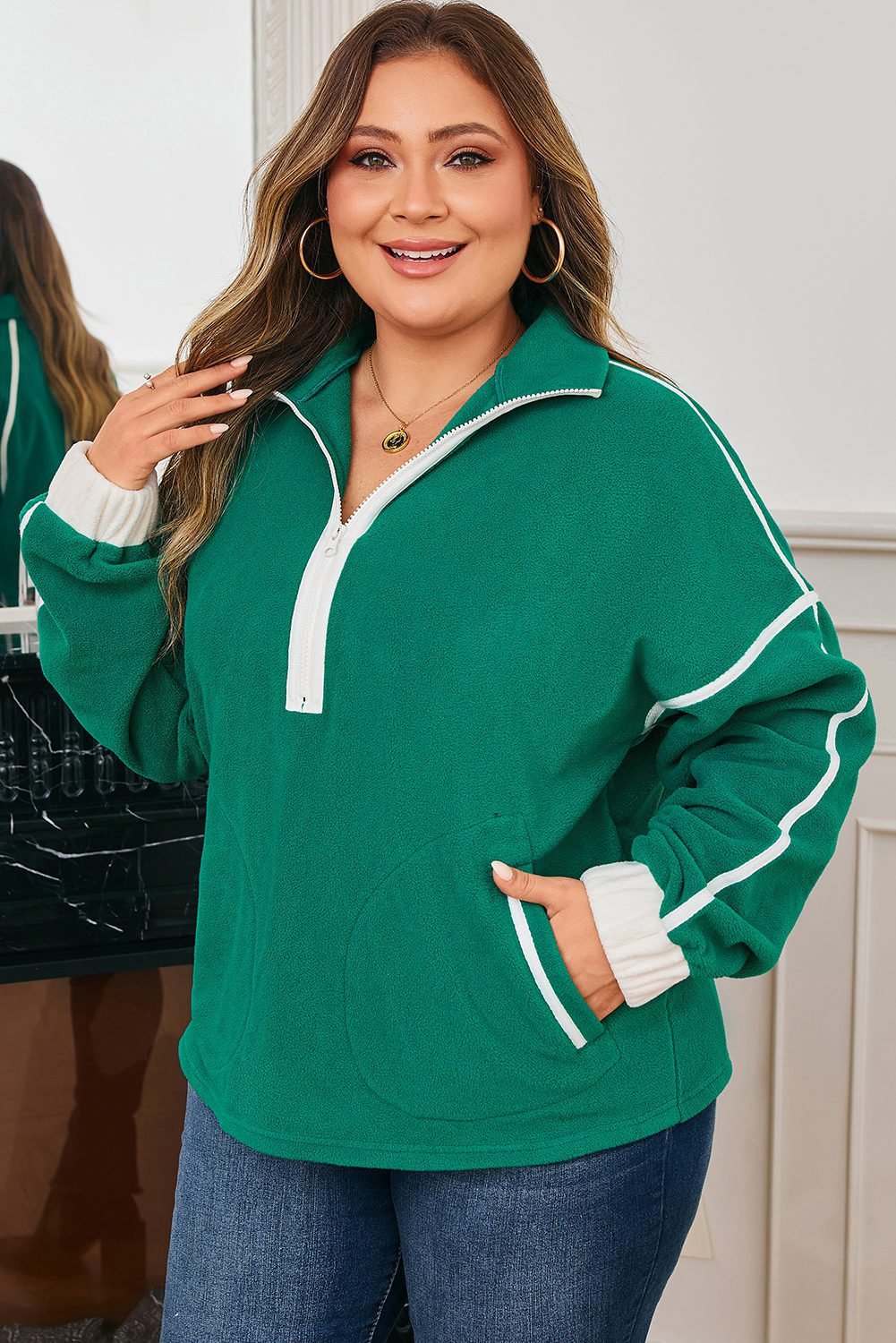 Dark Green Half Zip Contrast Trim Pocketed Plus Size Fleece Sweatshirt